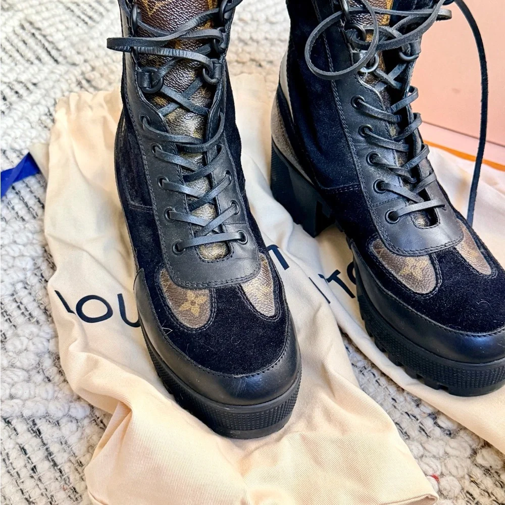Louis Vuitton Black and Brown Monogram Lace-Up Boots - Picture 4 of 7